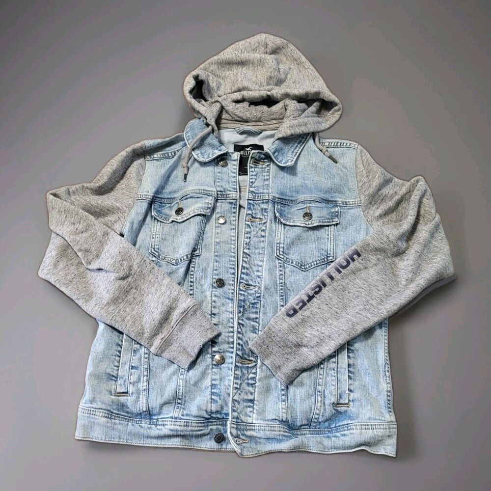 Hollister Mens M Epic Flex Hooded Denim Jacket Gray Fleece Sleeve Embroidered...